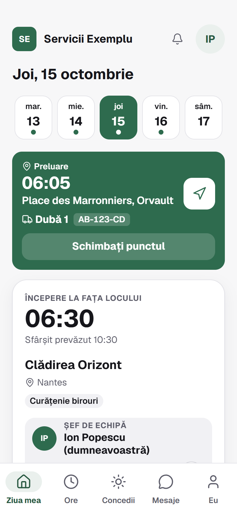 Captură de ecran din aplicația Alitxi pe telefon, ziua unui șef de echipă: ora și punctul de preluare, vehiculul, apoi începutul la fața locului. Date fictive.